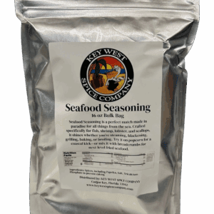 Silver bag of seafood seasoning with detailed label.