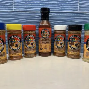 Key West spice and sauce collection display.